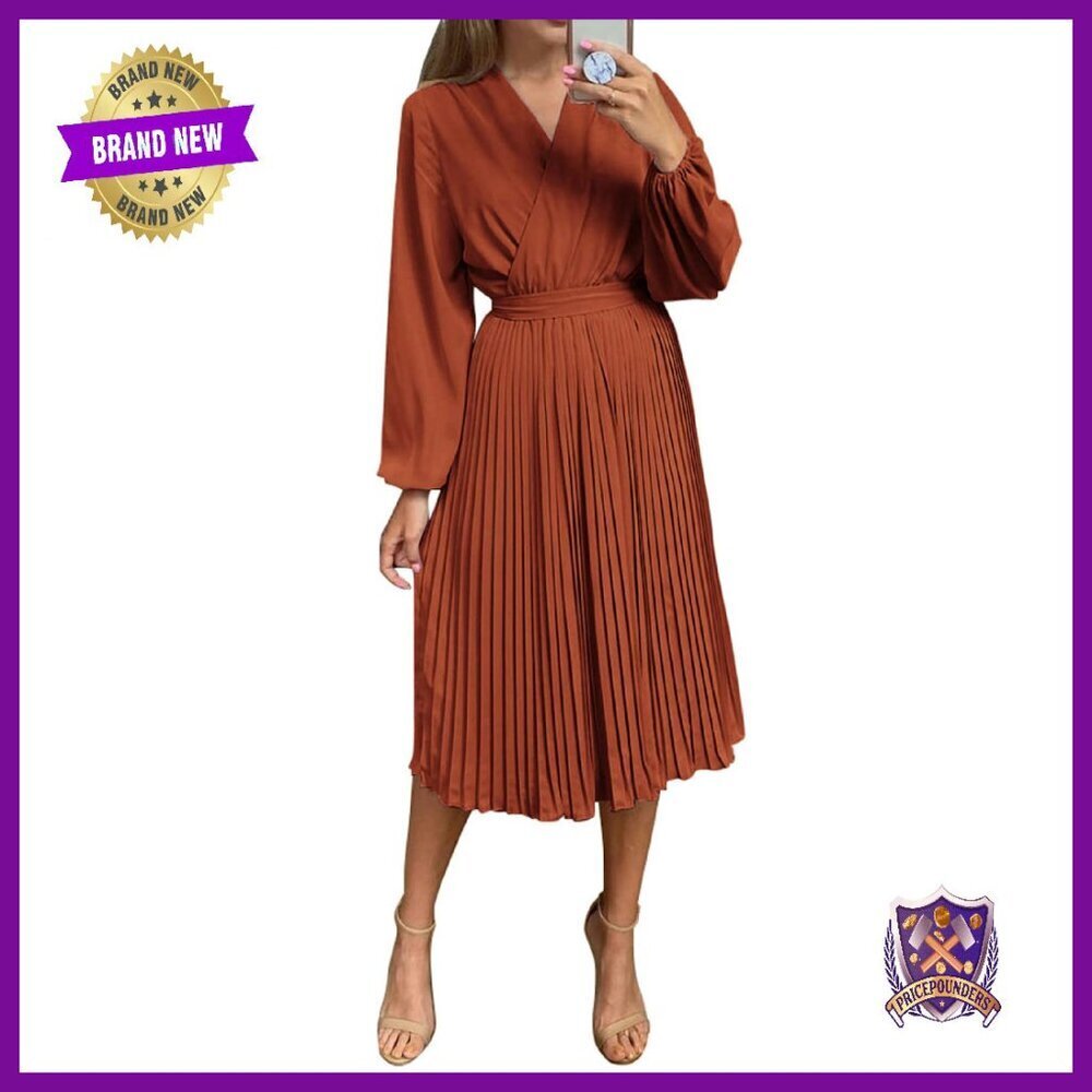 Midi Dress Long Puff Sleeve Wrap V Neck Flowy Ruffle Pleated Casual